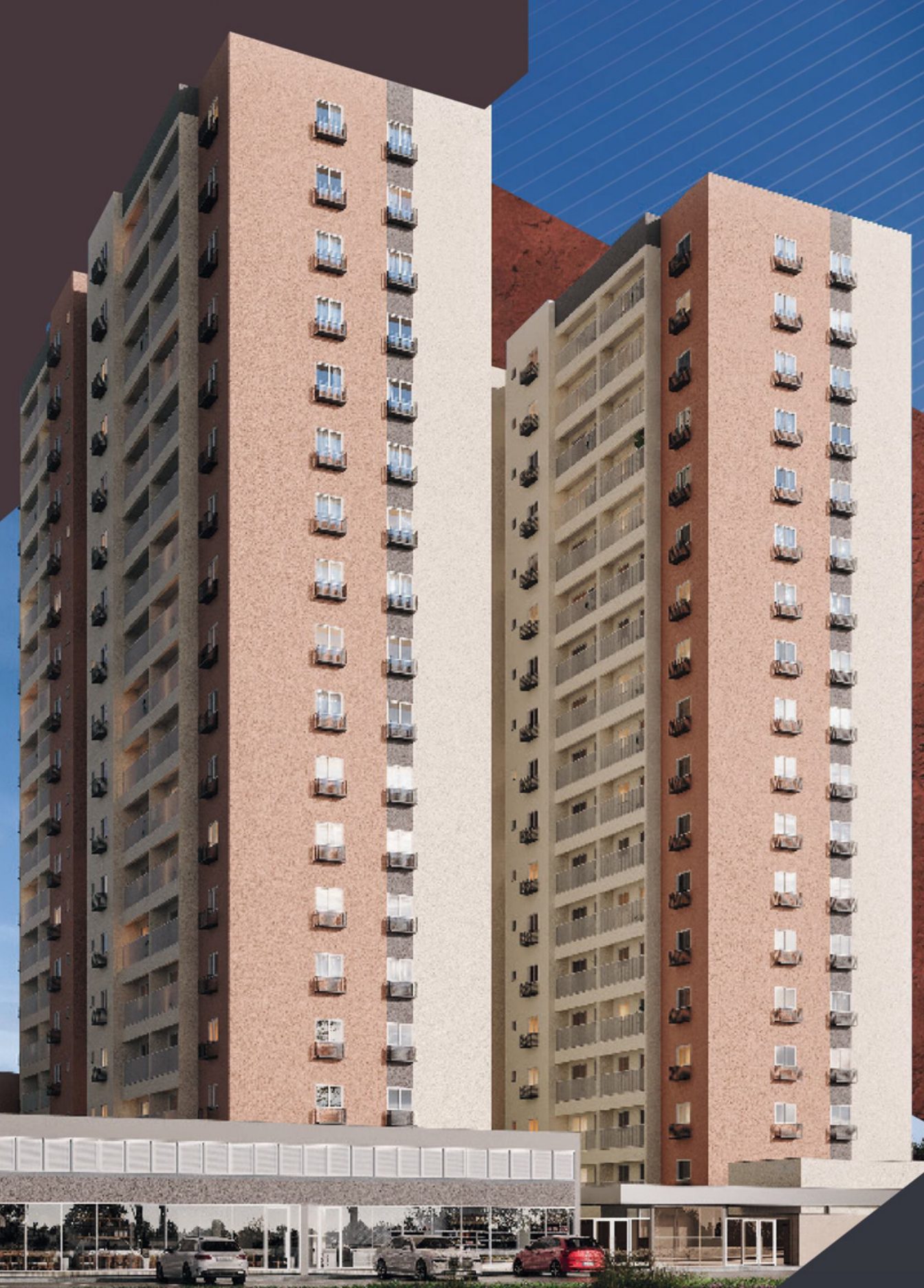 Fachada do Singulare Home Riva, duas torres de 18 pavimentos em Samambaia